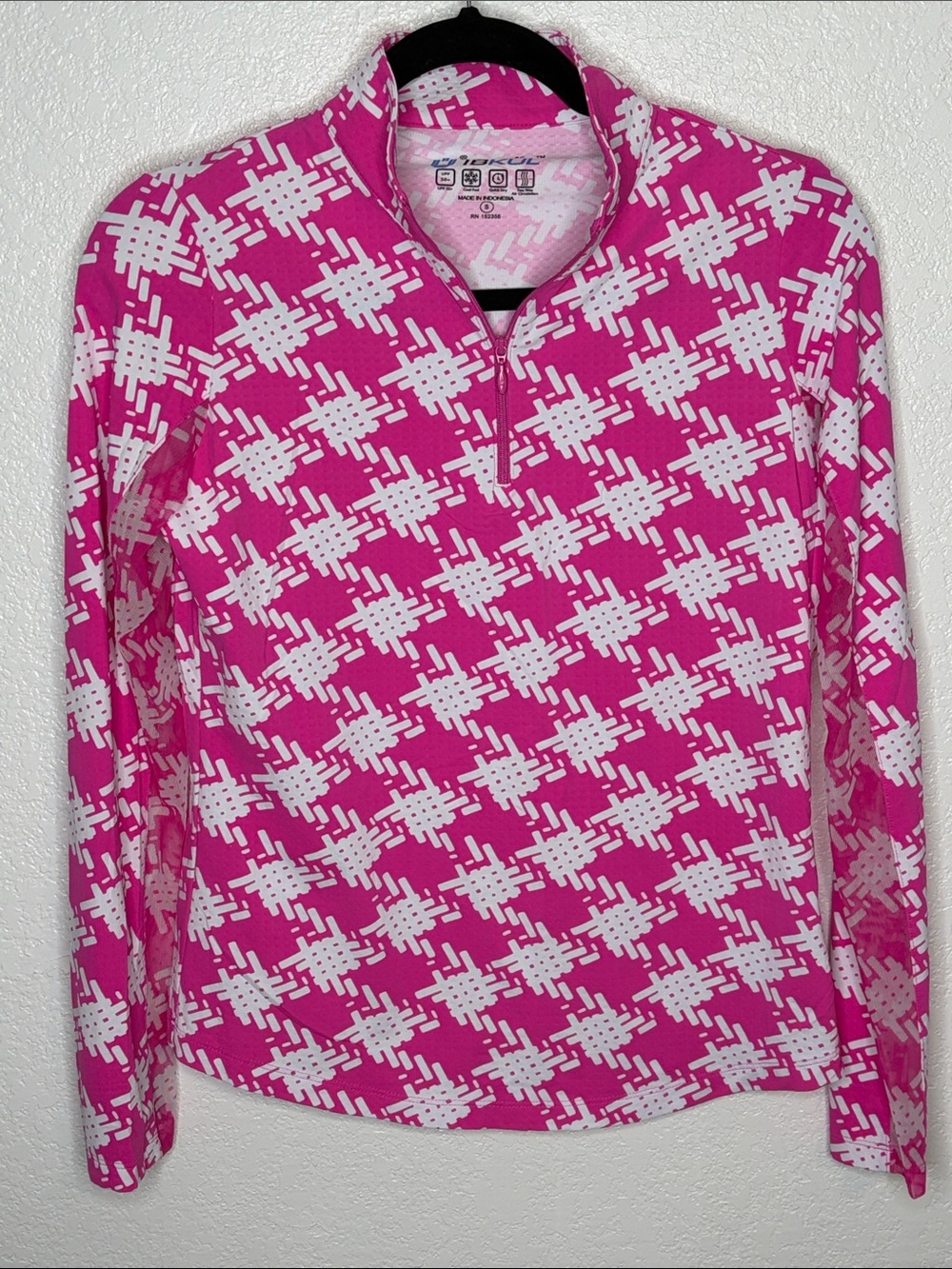 IBKUL Pink & White Kimberly Hashtag Print Activewear Cooling Top 1/4 Zip Small